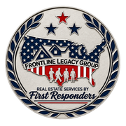 Frontline Legacy Group challenge coin front with a patriotic United States map, first responder silhouettes, stars, and laurel border.