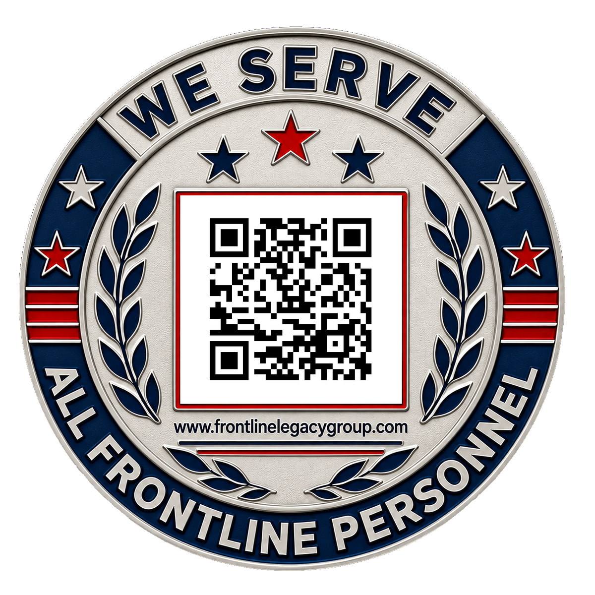 Frontline Legacy Group challenge coin reverse with the verified QR code, website, and We Serve All Frontline Personnel lettering.