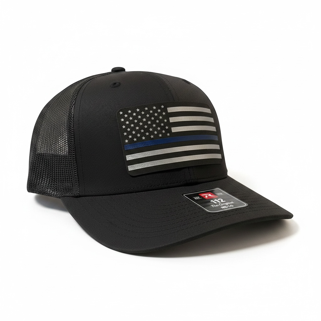 Thin Blue Line American Flag Leatherette Patch Hat