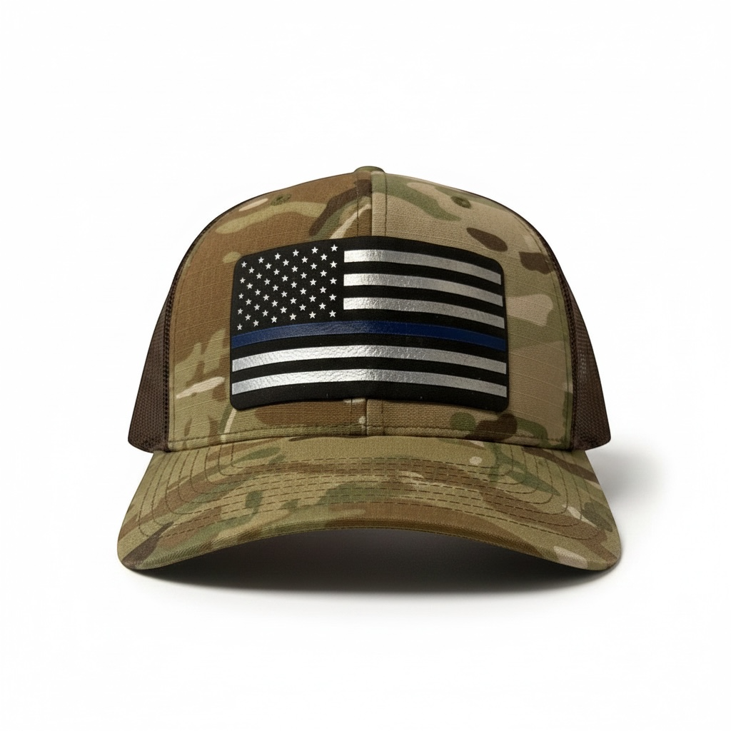 Thin Blue Line American Flag Leatherette Patch Hat
