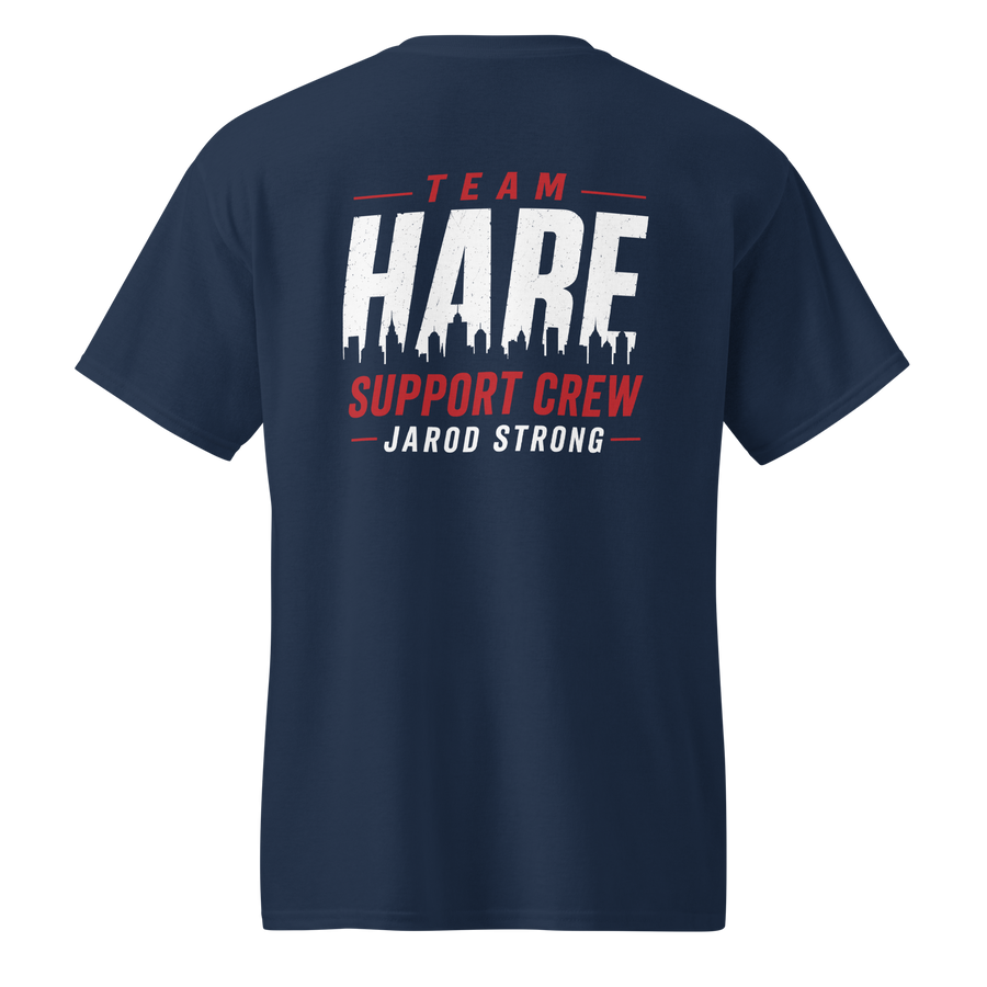 Back of the navy Team Hare Support Crew shirt