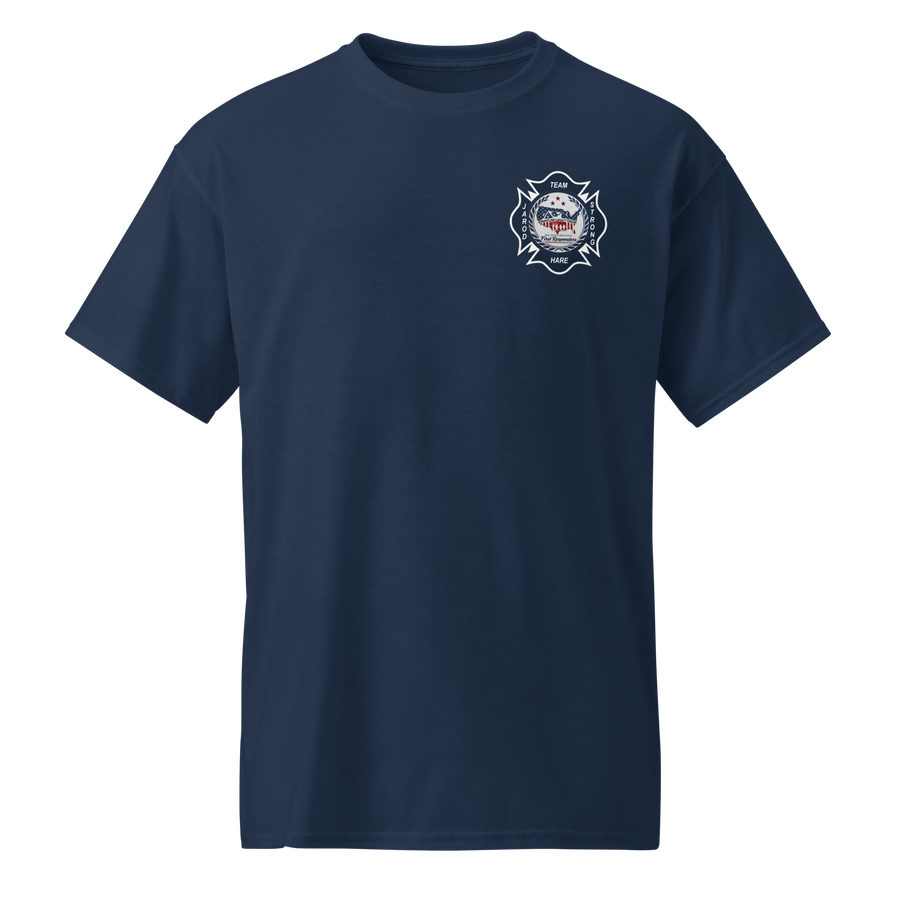 Front of the navy Team Hare Support Crew shirt